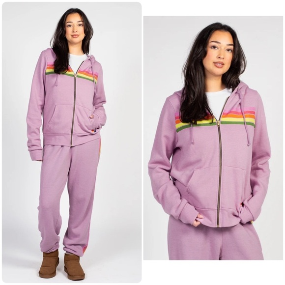 Aviator Nation 5 Stripe Hoodie Zip up Sweatshirt 💜🌈 size XL - Picture 1 of 16